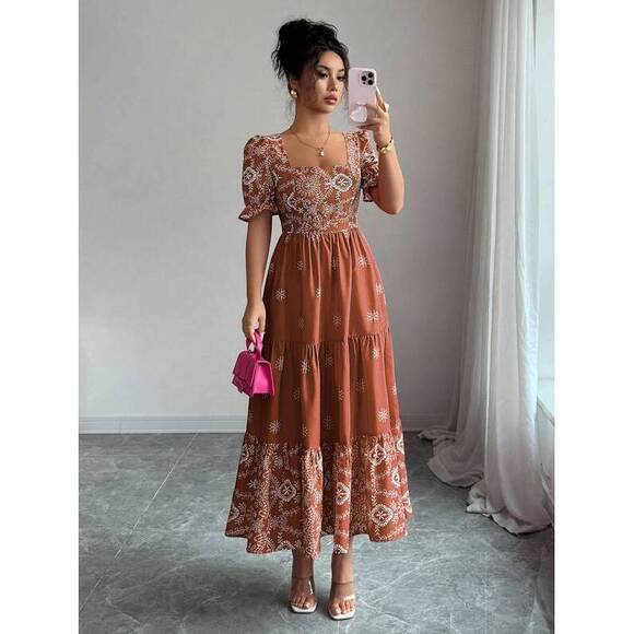 Dresses & Skirts - Elenzga Square Neck Waist Gathered A-Line Dress, Floral, F